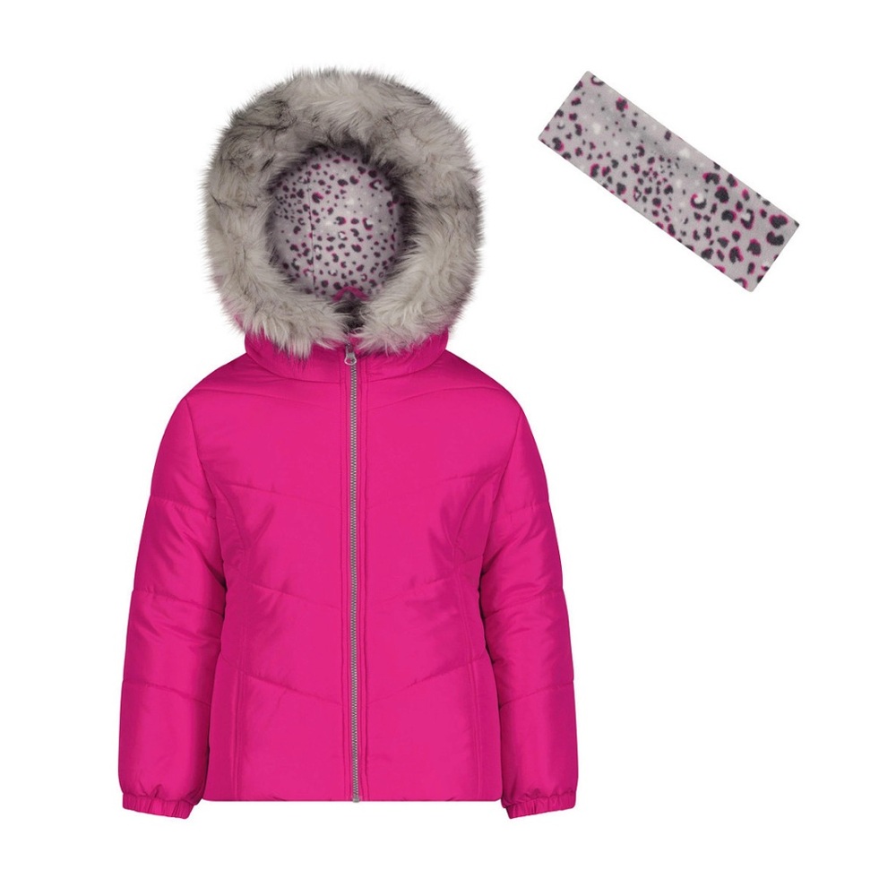 NWT Weathertamer Big Girl's Coat with Faux Fur Trim and Fleece Headband Set Fusc